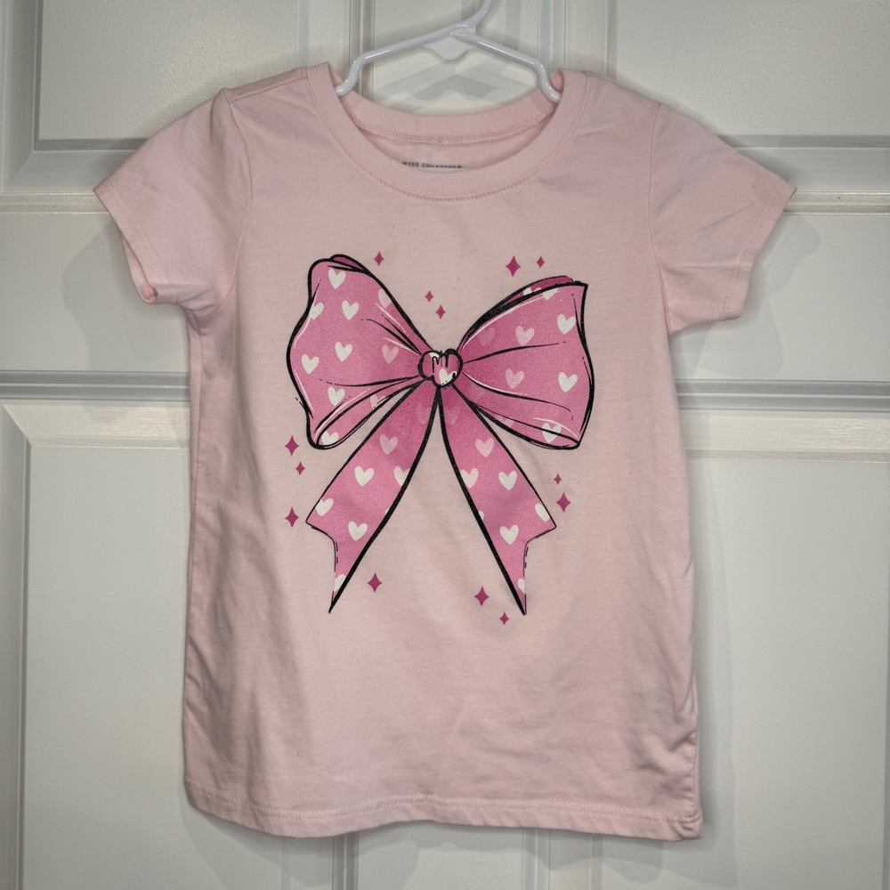 The Childrens Place Girls Pink Bow Graphic T-Shirt Hearts Glitter Size 5T